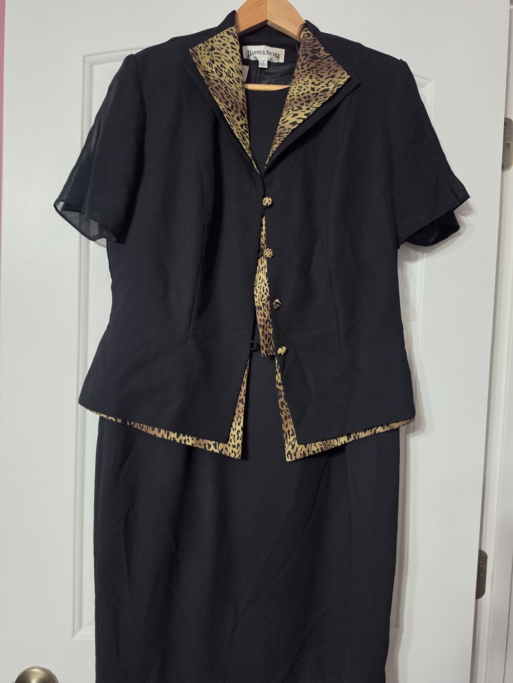 Danny & Nicole Black Skirt Suit with Leopard Trim